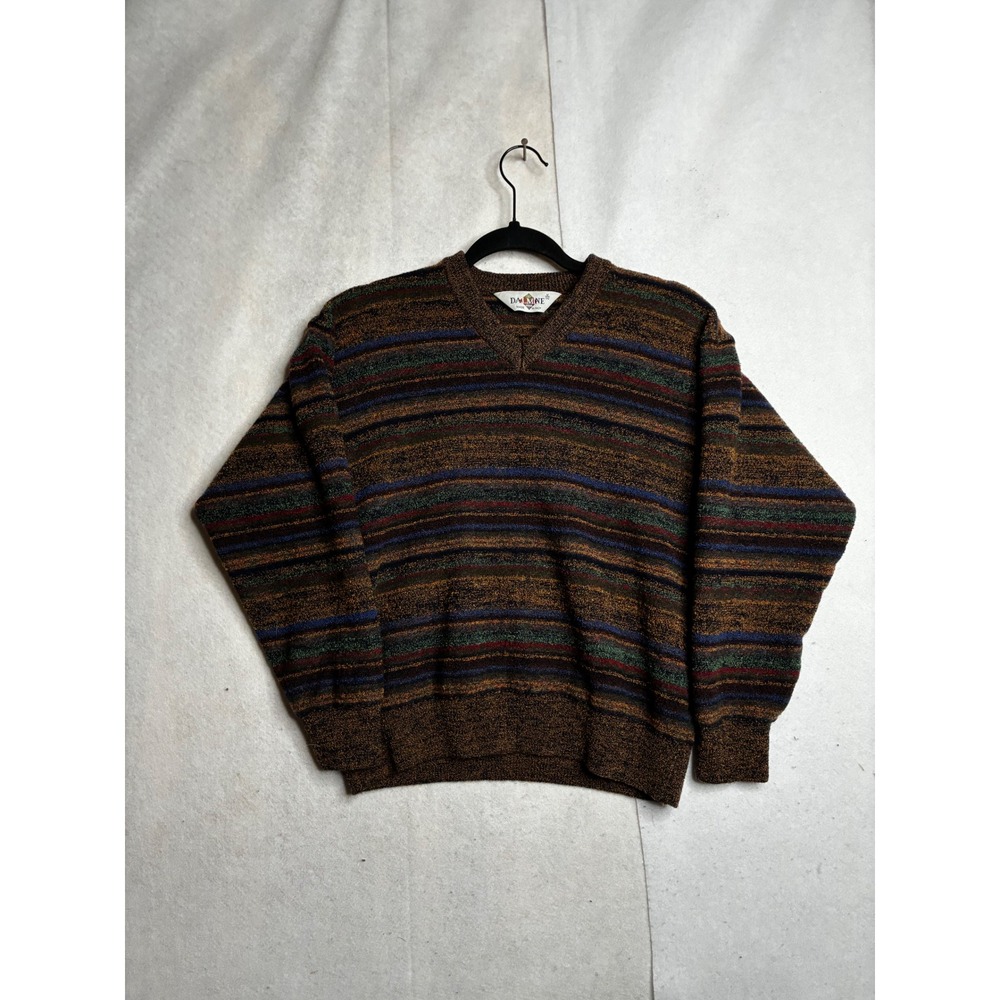 Dalmine Uomo Vintage V-Neck Sweater wens Medium Brown Striped‎ Virgin Wool Italy